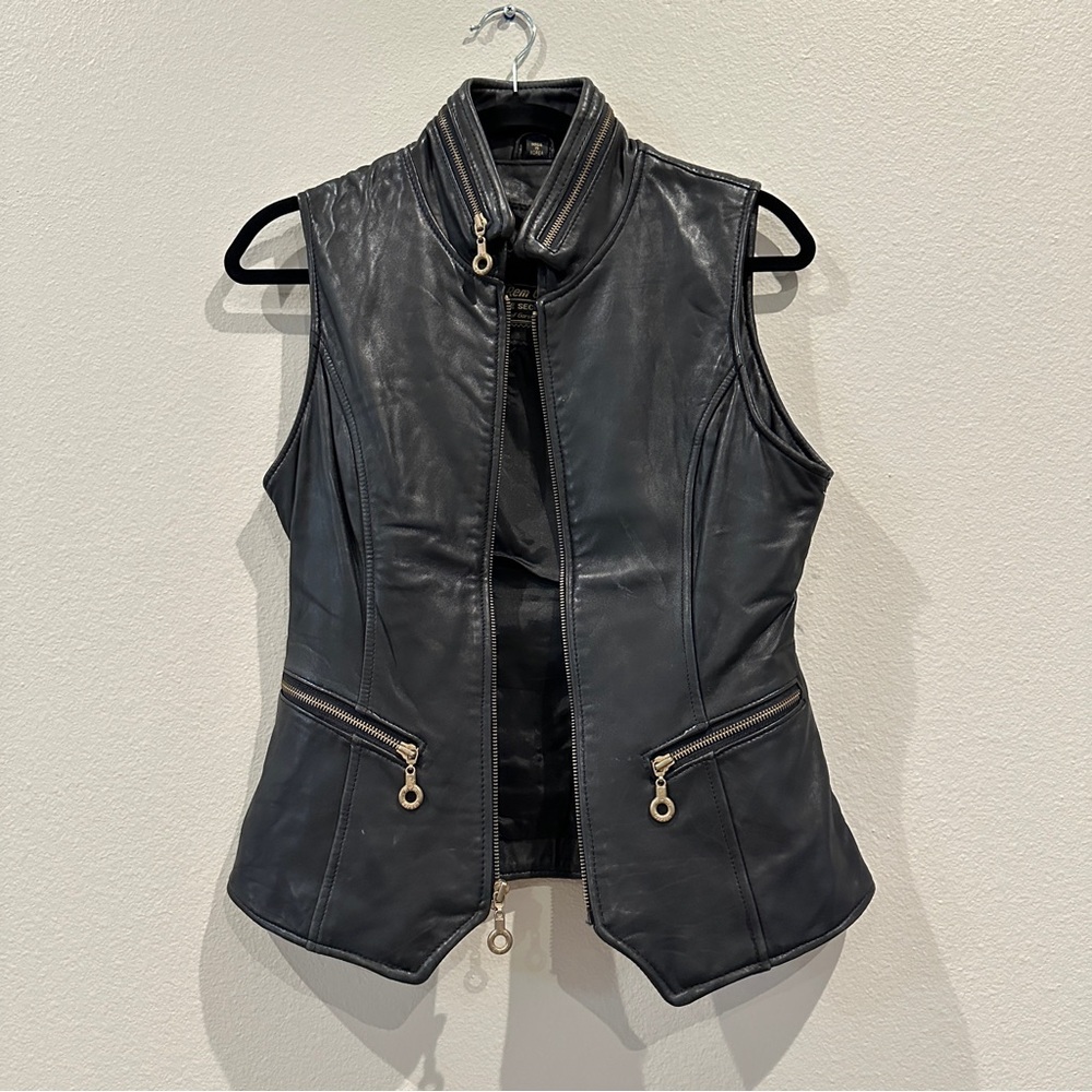 Rem Garson Women’s s Leather Vest Full Zipper Black Biker Moto Jacket sz XS/S